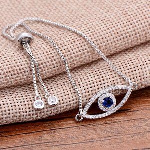Evil Eye CZ Ajustable Bolo Bracelet (Silver)